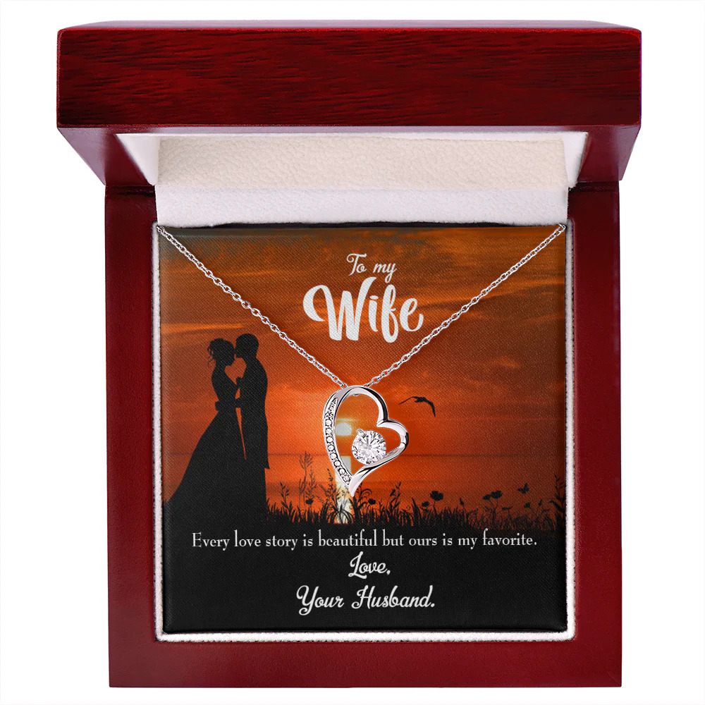 Wife Love Story Forever Love CZ Heart Necklace Yellow Gold Standard Box